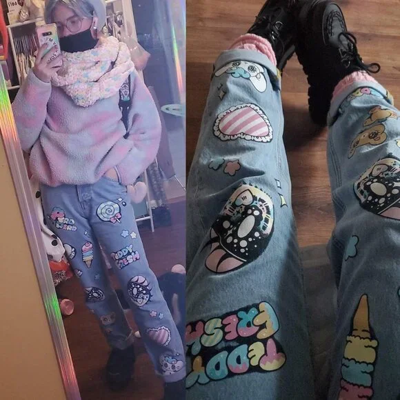 ULTRA RARE, BNWOT Teddy Fresh x Yurie Sekiya Printed Denim Jeans - Picture 8 of 9